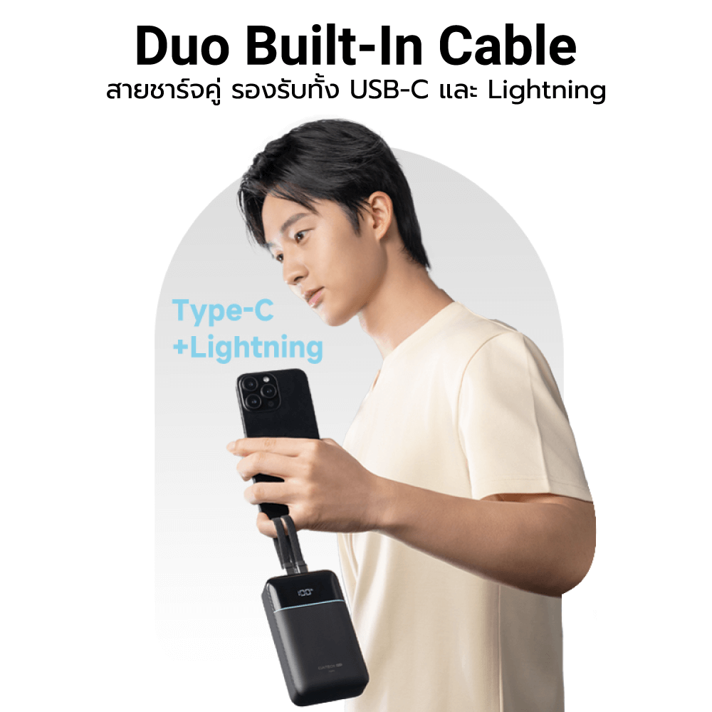 แบตสำรอง CUKTECH LPB200NL สีดำ 20000 MAH มาตรฐาน CCC ชาร์จเร็วพร้อมสาย USB-C 40W และ USB-A 22.5W